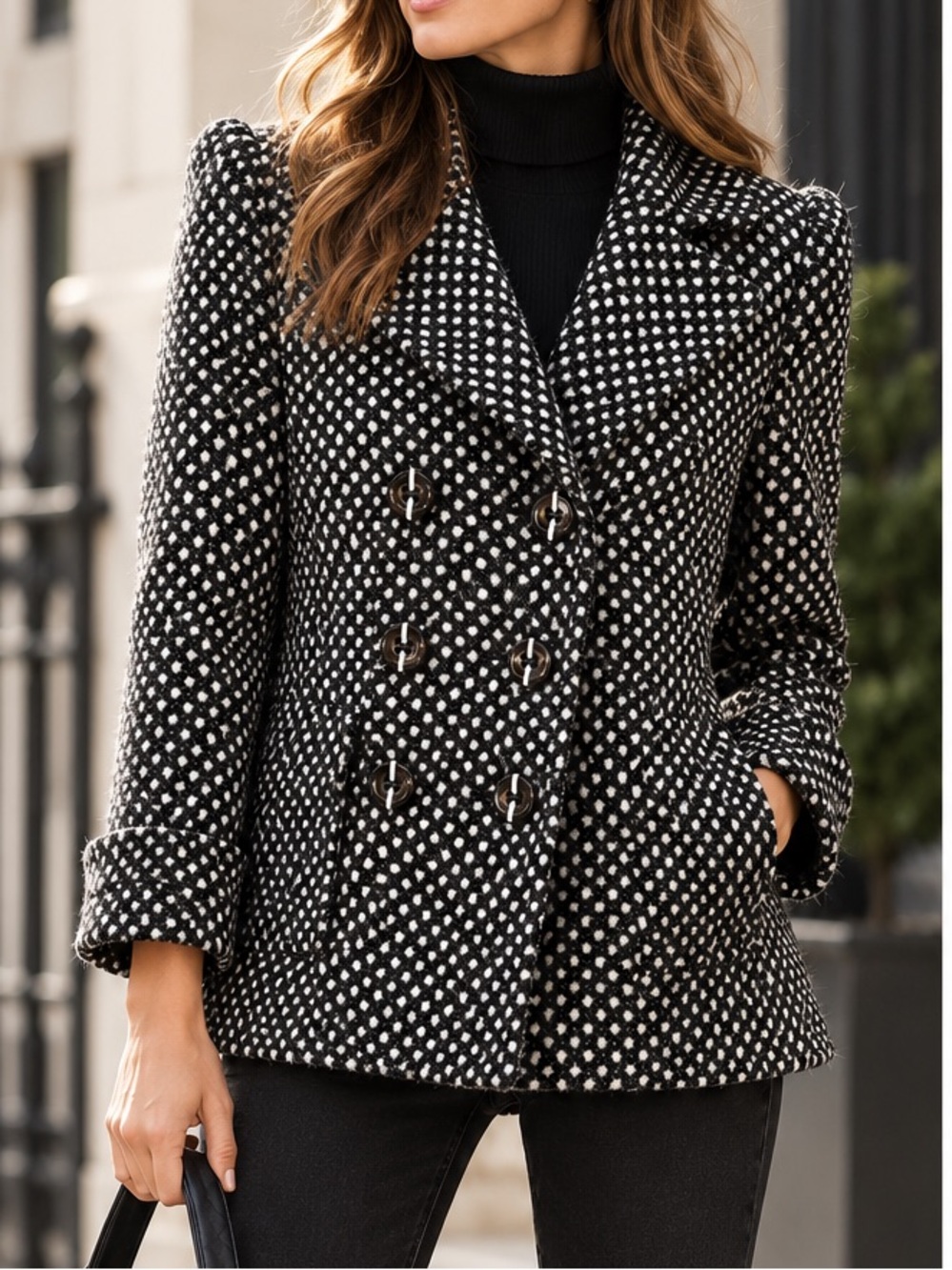 Alice + Olivia Wool Tweed Polka Dot Pea Coat Black White Large
